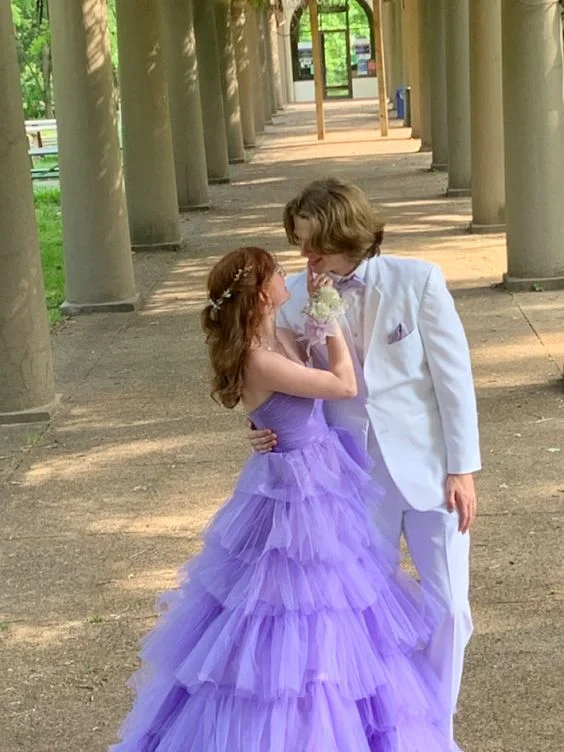 One-Shoulder Satin Dress Purple Tulle Tiered A-Line Strapless Long Prom Dress Ball Gown,DP770