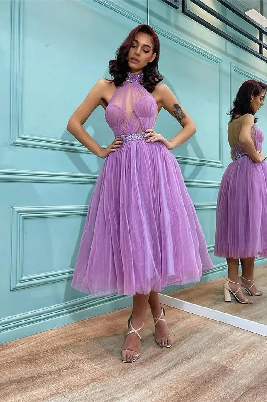 Structured Evening Gown Amazing Lavender High Neck Short Tulle Prom Dress,EQ9661