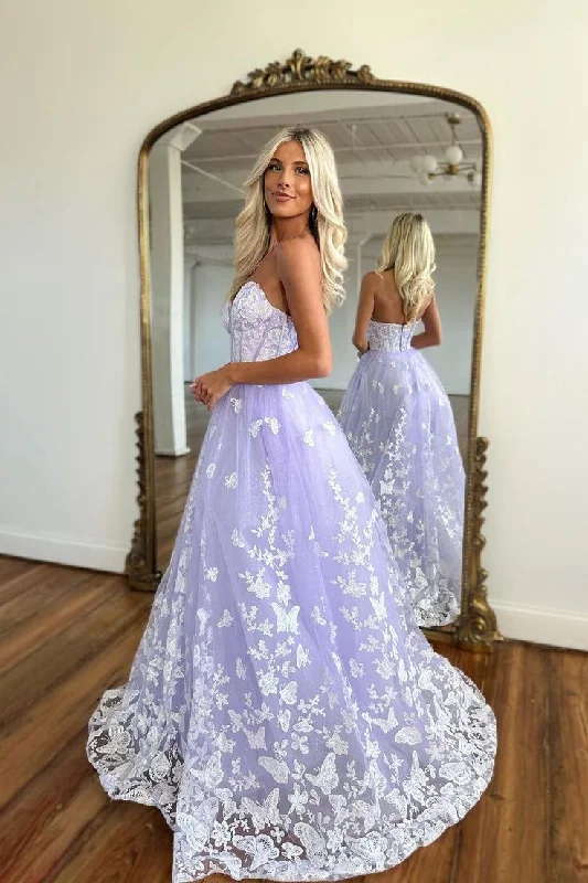 Lavish Evening Gown Charming Lilac A-line Sweetheart Strapless Long Prom Dress With Lace,DP759