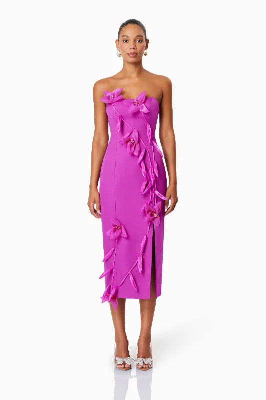 Metallic Formal Dress Bethany Strapless Floral Midi Dress In Purple