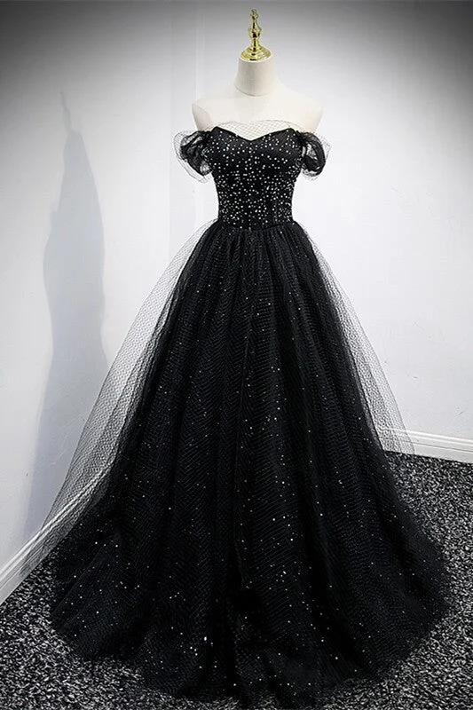 Modern Tulle Dress Black Off the Shoulder Tulle Formal Gown,DS3474