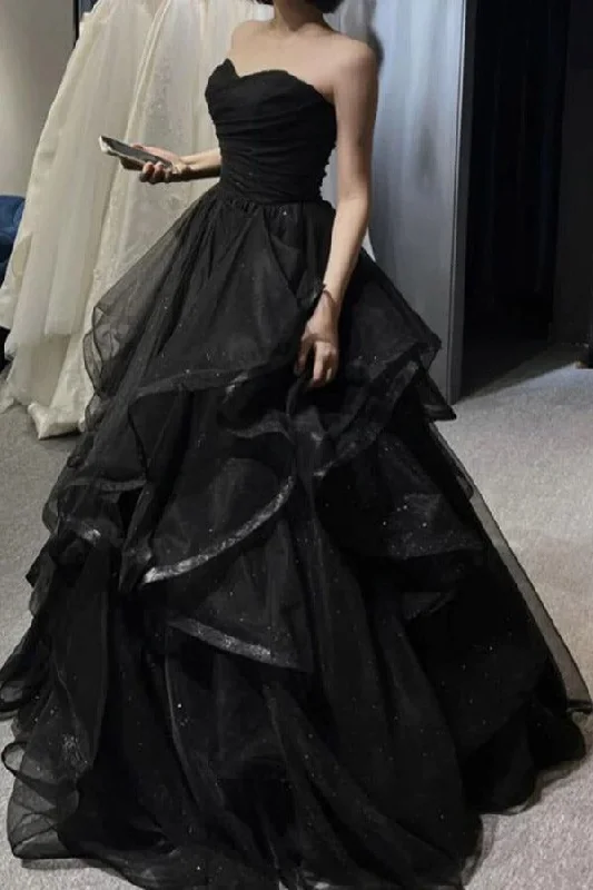 Lace Sleeves Dress Black Sparkly Ruffled Long Prom Dress Ball Gown,DP762