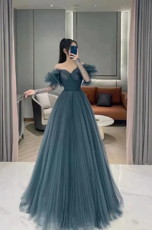 Fitted Formal Dress Blue tulle long prom dress A line evening dress,DS9589