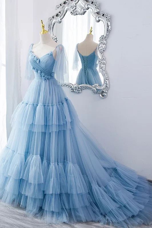 Ethereal Formal Gown Blue tulle long prom dress A line evening dress,DS9595