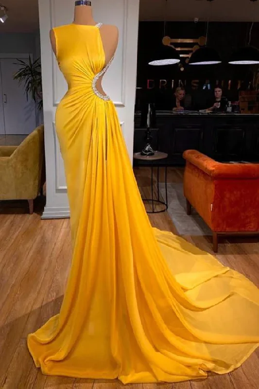 Exquisite Couture Dress BRIGHT YELLOW LONG PROM DRESS MERMAID WITH SLIT,DS9598