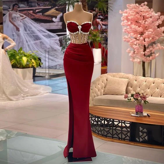Show-Stopping Evening Gown Burgundy Prom Dresses Robes De Soiree See-Through Body Sweetheart Beading Rhinestones Mermaid Evening Dress Split Pageant Gown,DS5128 Show-Stopping Evening Gown Burgundy Prom Dresses Robes De Soiree See-Through Body Sweetheart Beading Rhinestones Mermaid Evening Dress Split Pageant Gown,DS5128