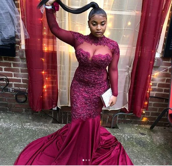 Ruched Velvet Dress Burgundy Wine Red Satin Prom Dresses Long Sleeve Lace Appliques Plus Size Evening Formal Gowns,DS4976