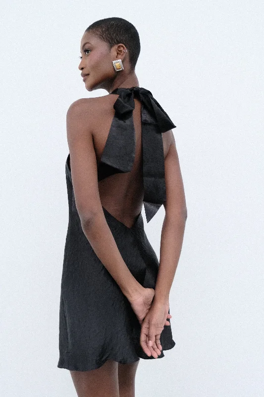 Charcoal Gray Gown Cartia Bow Halter Micro Mini Dress - Black