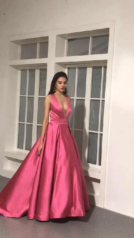 Glam Ball Gown Elegant Satin A-Line Long Prom Dress Deep V Neck Formal Party Dress,DP745 Glam Ball Gown Elegant Satin A-Line Long Prom Dress Deep V Neck Formal Party Dress,DP745