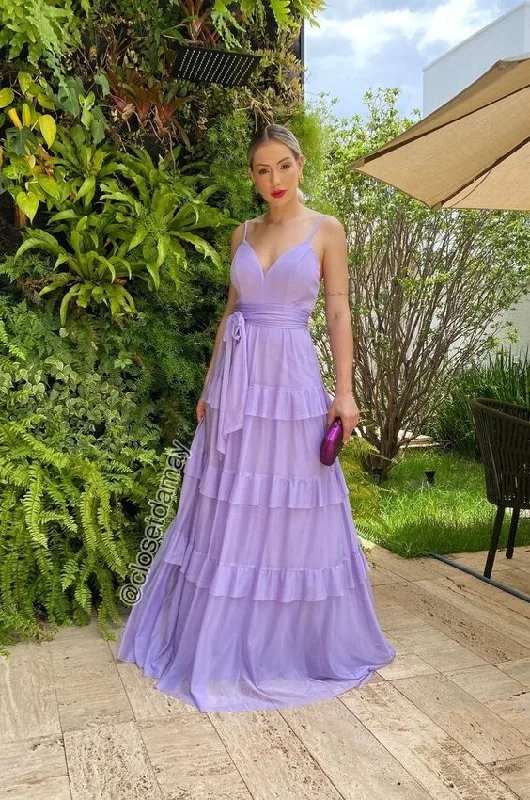 Statement Sleeve Dress Purple A-Line Spaghetti Straps Long Prom Dress with Ruffles,DP753