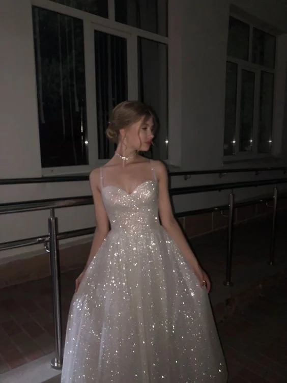 Pearl Embellished Gown Sparkly A-Line Princess Spaghetti Straps Long Prom Dress ,DP765