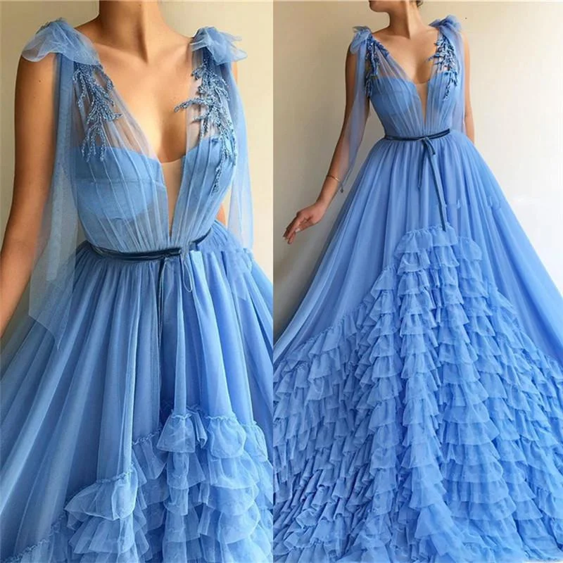Romantic Evening Gown CHIC TULLE DEEP V-NECK BLUE PROM PARTY GOWNS| SLEEVELESS LAYERS LONG PROM PARTY GOWNS WITH SASH,DS3539 Romantic Evening Gown CHIC TULLE DEEP V-NECK BLUE PROM PARTY GOWNS| SLEEVELESS LAYERS LONG PROM PARTY GOWNS WITH SASH,DS3539