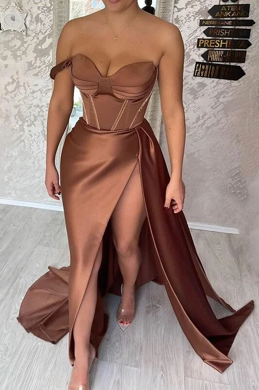 Luxury Satin Gown Chocolate Sweetheart Formal Evening Gowns Sexy Corset Prom Dresses,Side Split Satin Party Dress,DS5116 Luxury Satin Gown Chocolate Sweetheart Formal Evening Gowns Sexy Corset Prom Dresses,Side Split Satin Party Dress,DS5116