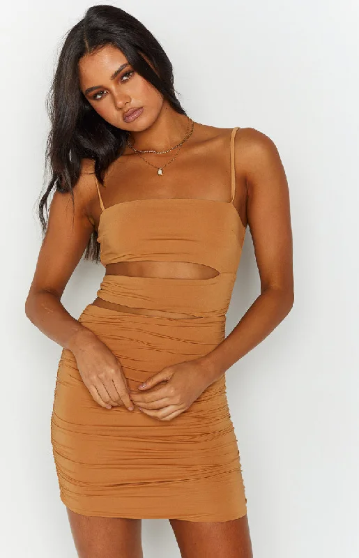 Fitted Formal Dress Dameela Tan Cut Out Mini Dress