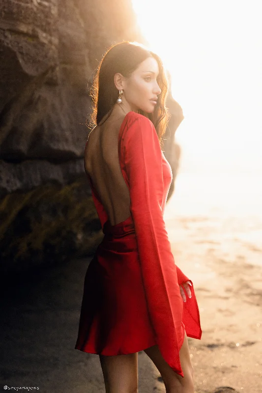 Draped Satin Gown Davina Satin Long Sleeve Mini Dress - Red
