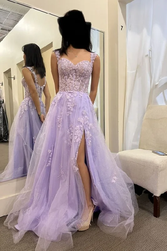 Off-White Gown Elegant Appliques Lace A-Line Tulle Floor-length Prom Dress With Side Slit,DS5024 Off-White Gown Elegant Appliques Lace A-Line Tulle Floor-length Prom Dress With Side Slit,DS5024