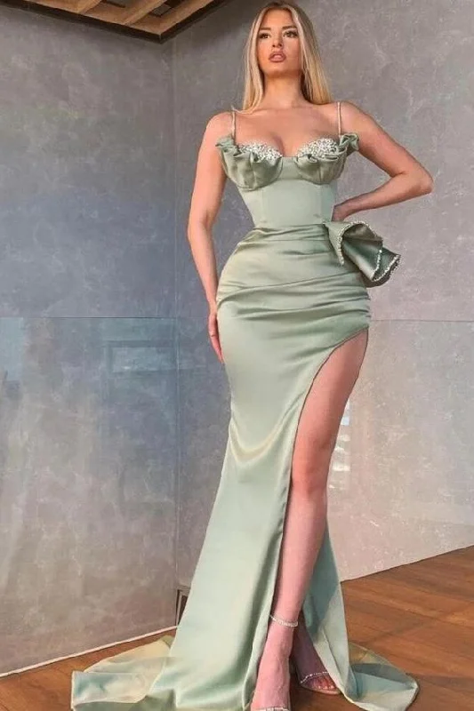 Garden Party Gown Elegant Dusty Sage Spaghetti Straps Mermaid Prom Dress With Slit,DS5108 Garden Party Gown Elegant Dusty Sage Spaghetti Straps Mermaid Prom Dress With Slit,DS5108