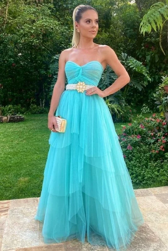 Fancy Embellished Dress Sweetheart Strapless A-Line Tulle  Long Prom Dress,DP758
