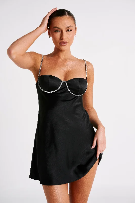 Glittering Evening Gown Elora Satin Cupped Mini Dress With Diamante Rope - Black