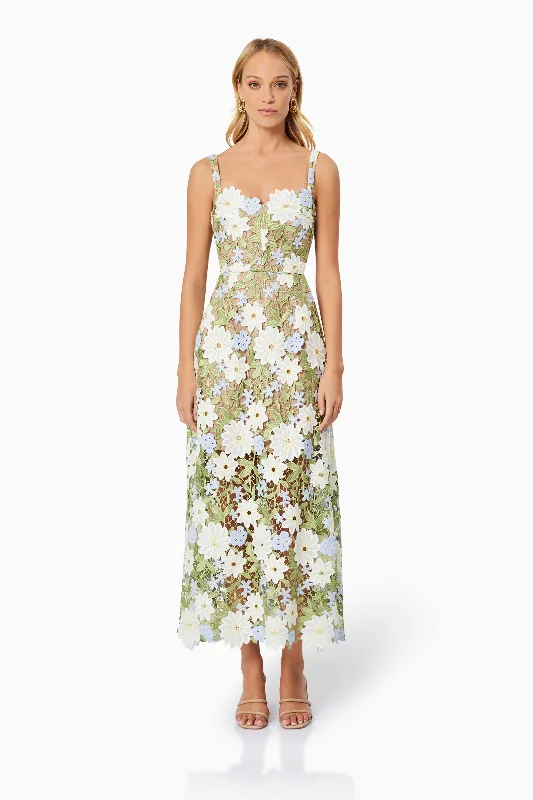 Dainty Chiffon Dress Flora Lace Midi Dress In Green