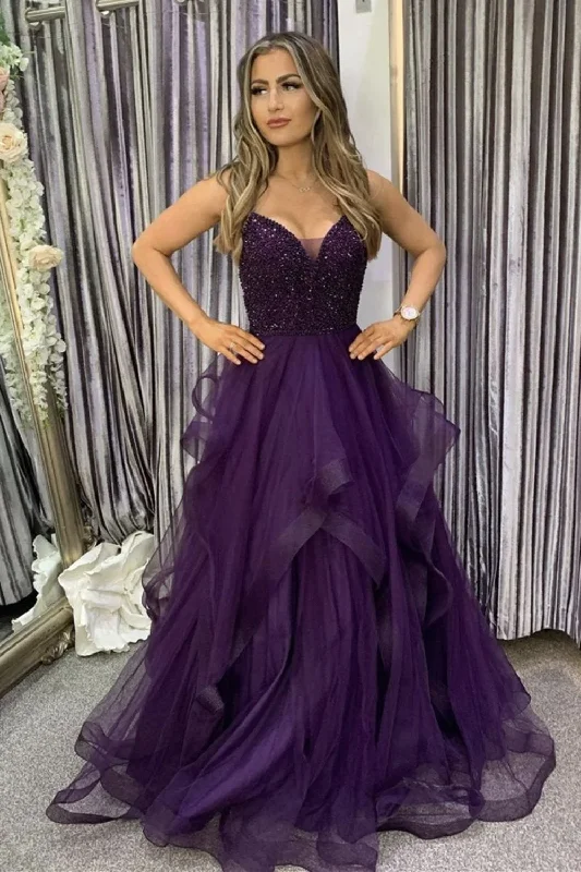 Open Back Dress Fluffy A-line V neck Tulle Purple Formal Prom Dress with Beading,Party Dress,DS9584 Open Back Dress Fluffy A-line V neck Tulle Purple Formal Prom Dress with Beading,Party Dress,DS9584