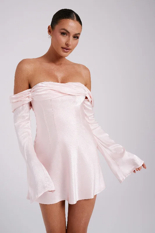 Dramatic Ball Gown Giselle Off Shoulder Satin Mini Dress - Rosewater