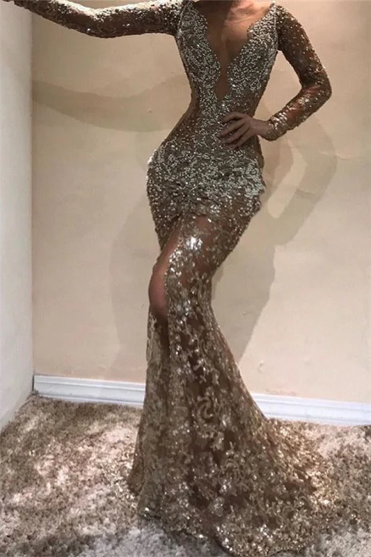Floral Embroidery Dress Glamorous Mermaid Long Sleeves Open Back Sequins Long Prom Dress,DS5025 Floral Embroidery Dress Glamorous Mermaid Long Sleeves Open Back Sequins Long Prom Dress,DS5025