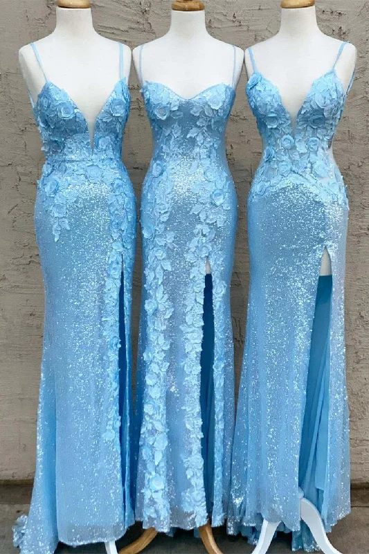 Luxe Embroidered Gown Glitter Sky Blue Sequins Long Prom Dress with Flower Appliques,DS5003 Luxe Embroidered Gown Glitter Sky Blue Sequins Long Prom Dress with Flower Appliques,DS5003