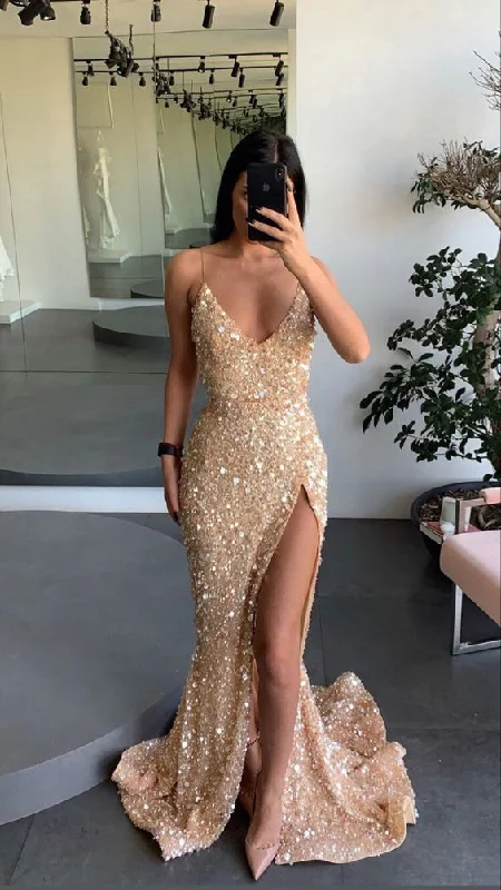 Bold Print Formal Dress Gold engagement dress spaghetti straps prom dress leg split sequins evening dress,ED5792 Bold Print Formal Dress Gold engagement dress spaghetti straps prom dress leg split sequins evening dress,ED5792