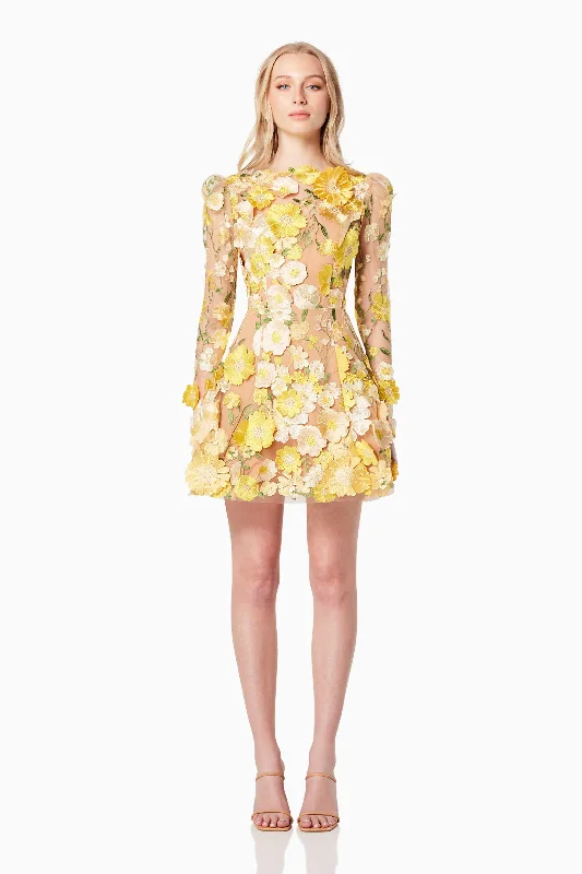 Stunning Applique Dress Goldenvoice 3D Floral Mini Dress In Yellow
