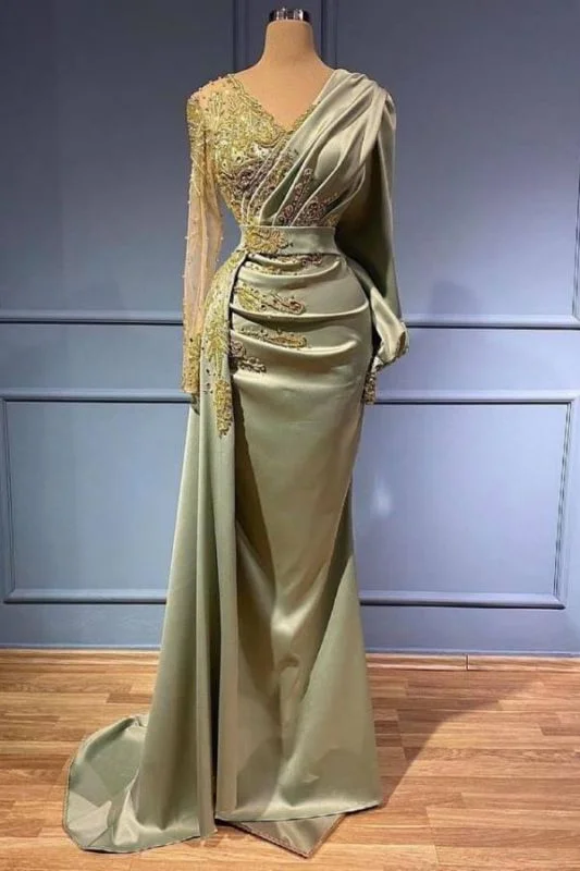 Simple Chiffon Dress Gorgeous Long Sleeve V-Neck Mermaid Evening Gowns With Lace Appliques,DS2762 Simple Chiffon Dress Gorgeous Long Sleeve V-Neck Mermaid Evening Gowns With Lace Appliques,DS2762