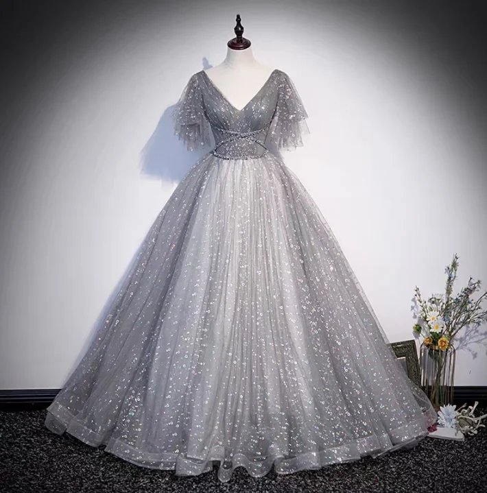 Unique Formal Dress Gray tulle sequins long prom dress A line evening gown,DP24585 Unique Formal Dress Gray tulle sequins long prom dress A line evening gown,DP24585