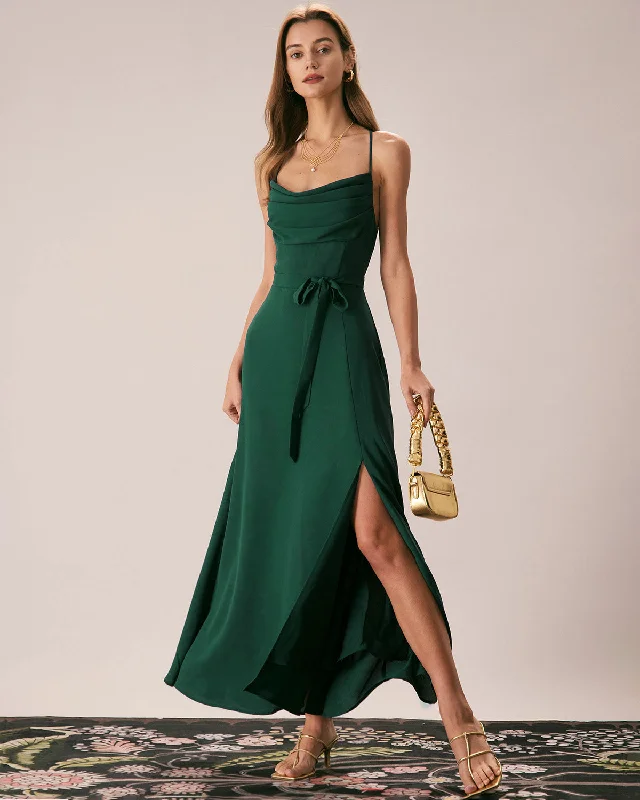 Floral Beaded Gown Green Cowl Neck Cutout Back Maxi Dress
