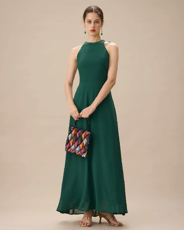 Modest Chiffon Dress Green Halter Bowknot Back Maxi Dress
