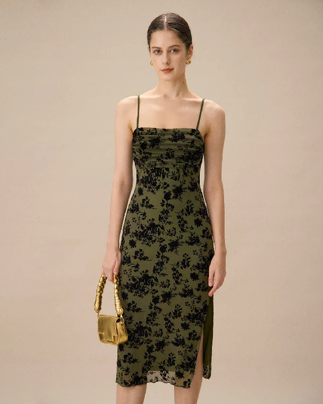 Empire Waist Gown Green Jacquard Ruched Slit Midi Dress