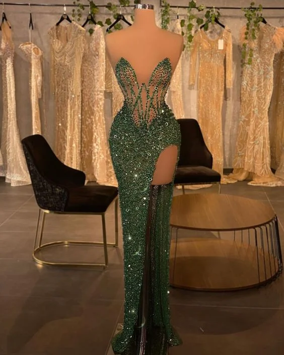 Royal Inspired Gown Green Mermaid Prom Dress Hight Split Sequins Evening Dress,DS4591 Royal Inspired Gown Green Mermaid Prom Dress Hight Split Sequins Evening Dress,DS4591