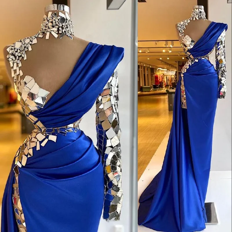 Striking Red Gown high neck crystal evening dresses long sleeve royal blue modest unique luxury sexy formal evening gown,DS5008