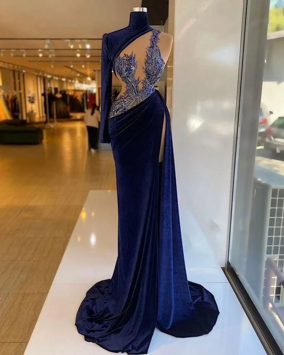 Artistic Embroidered Dress High Neck Velvet Prom Dress, Unique prom dress,DS5130