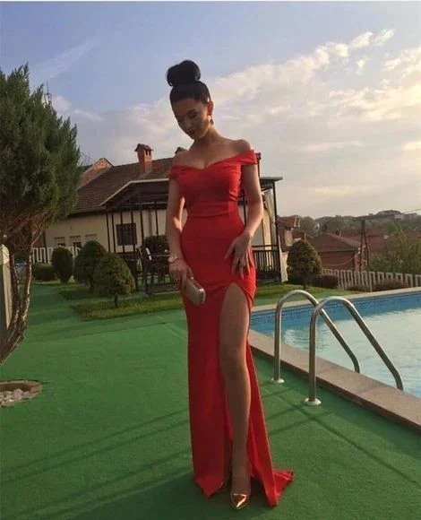 Stunning Silk Gown High Slit Long Satin Mermaid Prom Dresses,DS5140