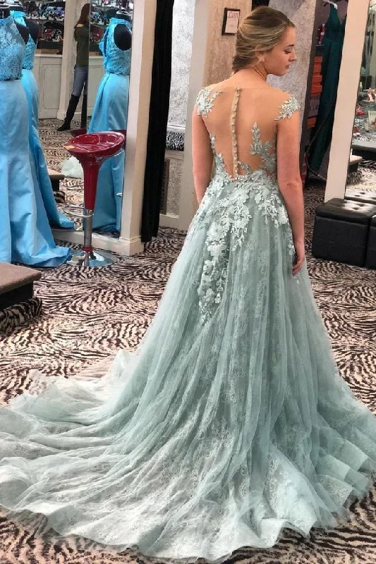 Wedding Reception Gown Illusion Neckine Lace Appliques Formal Evening Gowns A-Line Cap Sleeves Prom Dress,DP774