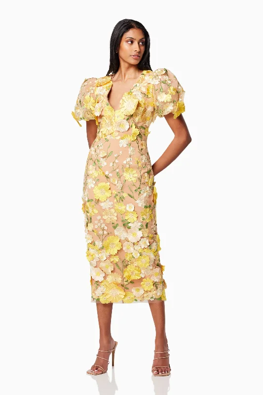 Elegant Organza Dress Indie 3D Floral Midi Dress In Yellow