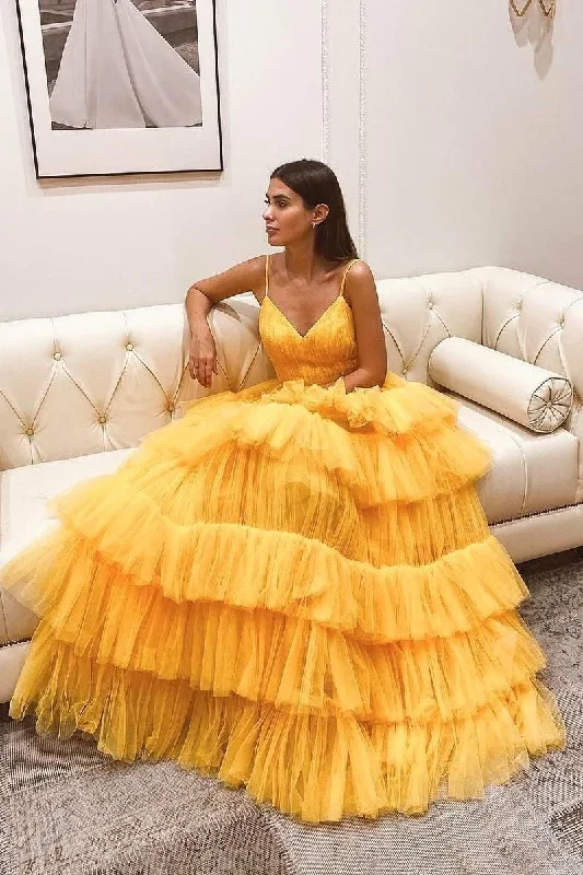 Dramatic Ball Gown Layers Tulle Yellow Prom Dresses with Ruching Bodice,DS9588