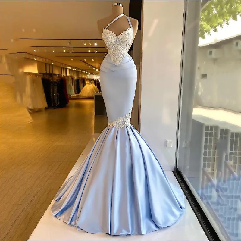 Regal Ball Gown Light Blue Mermaid Evening Dress Sexy One Shoulder Applique Soft Satin Fishtail Prom Dresses Long Party Gown Plus Size,WD5762 Regal Ball Gown Light Blue Mermaid Evening Dress Sexy One Shoulder Applique Soft Satin Fishtail Prom Dresses Long Party Gown Plus Size,WD5762