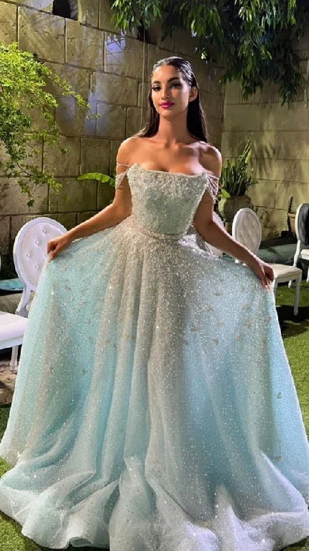 Structured Evening Gown Glitter Light Blue Off Shoulder A-Line Long Prom Dress Shiny Evening Party Dress,DP748 Structured Evening Gown Glitter Light Blue Off Shoulder A-Line Long Prom Dress Shiny Evening Party Dress,DP748