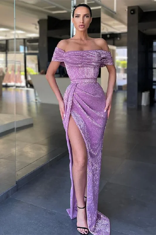 Dainty Chiffon Dress LILAC OFF-THE-SHOULDER SEQUINS PROM DRESS LONG WITH SLIT,EQ9668 Dainty Chiffon Dress LILAC OFF-THE-SHOULDER SEQUINS PROM DRESS LONG WITH SLIT,EQ9668