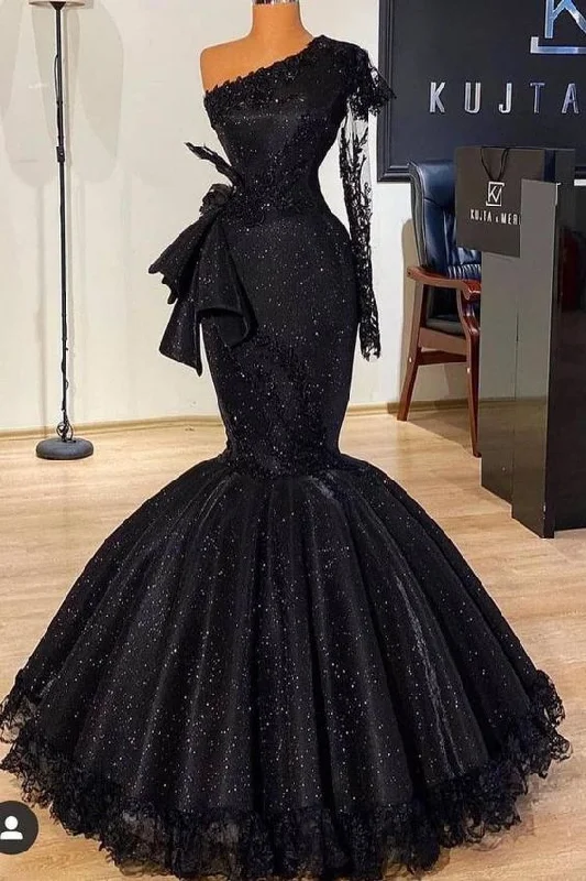 Sheer Panel Dress Long Sleeves Black Mermaid Prom Dress Sequins,DS5026
