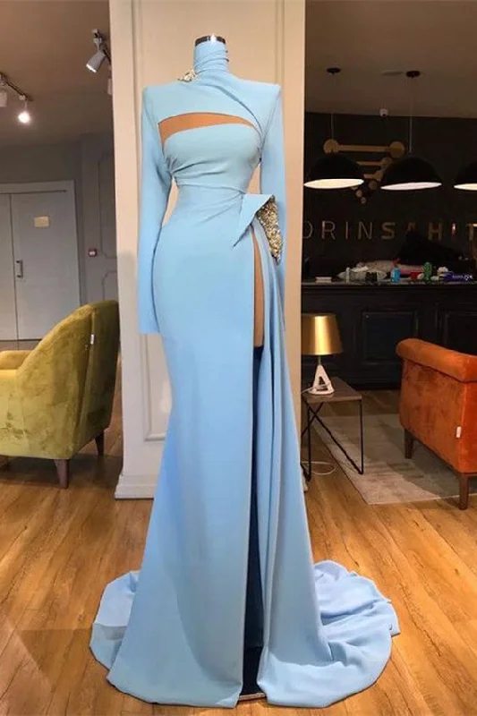 Lace Overlay Dress Long Sleeves High Neck Mermaid Prom Dress Long With Slit,DS9600 Lace Overlay Dress Long Sleeves High Neck Mermaid Prom Dress Long With Slit,DS9600