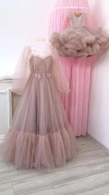 Sophisticated Maxi Dress Long Sleeves Tulle Evening dresses party dress Prom dress Birthday,DS4609