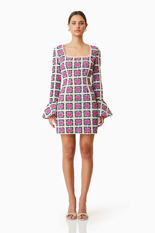 Crystal Beaded Dress Luna Fitted Long Sleeved Mini Dress In Pink