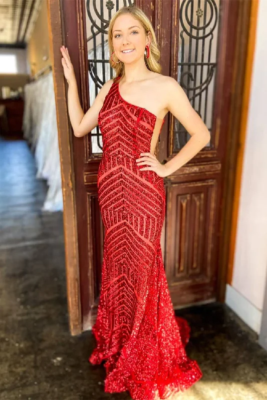 Lush Satin Gown Mermaid One Shoulder Red Long Prom Dress,DS5020